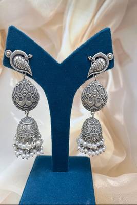 Oxidized silver bird jhumka earrings | indian pearl drop statement jewelry 4