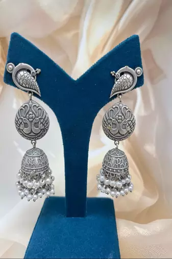Oxidized silver bird jhumka earrings | indian pearl drop statement jewelry