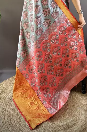 grey tissue silk blend kanjeevaram zari woven saree with unstitched blouse piece.