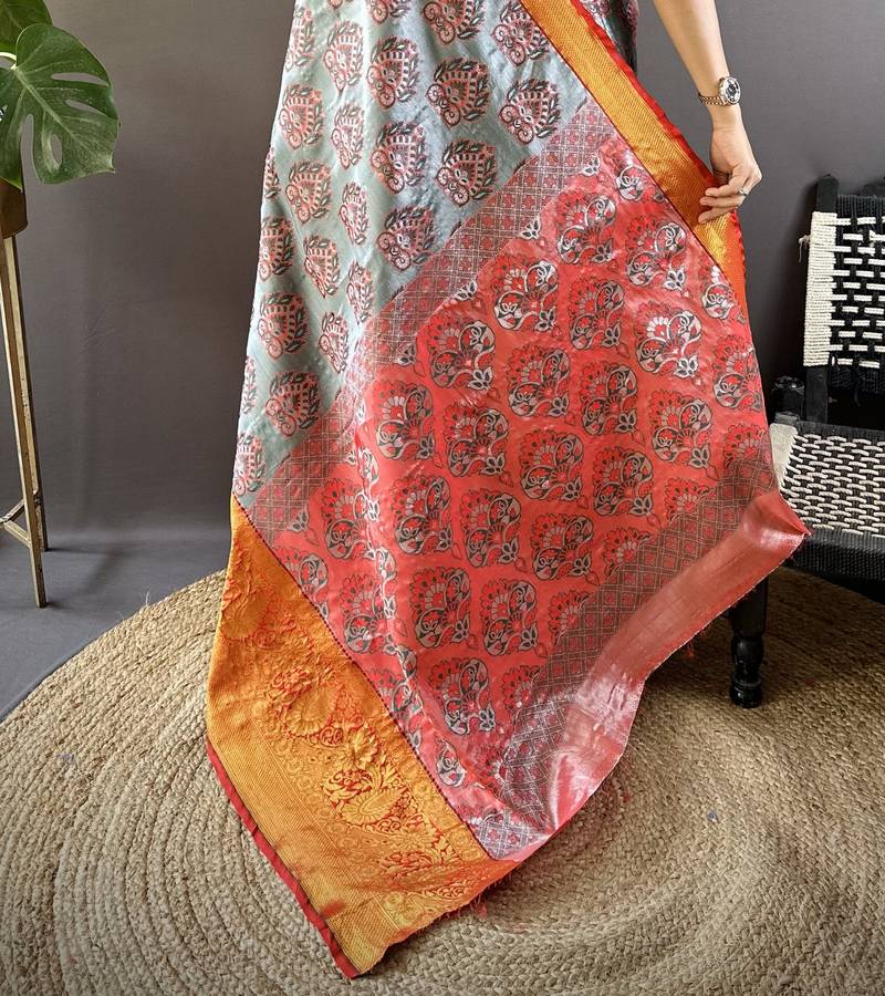 grey tissue silk blend kanjeevaram zari woven saree with unstitched blouse piece.