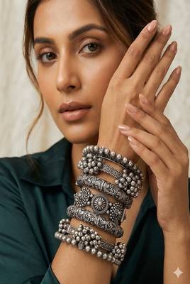 Boho oxidized silver bangle set of 7 | tribal chunky bracelet stack 1