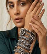 Boho oxidized silver bangle set of 7 | tribal chunky bracelet stack