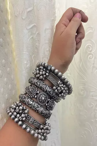 Boho oxidized silver bangle set of 7 | tribal chunky bracelet stack