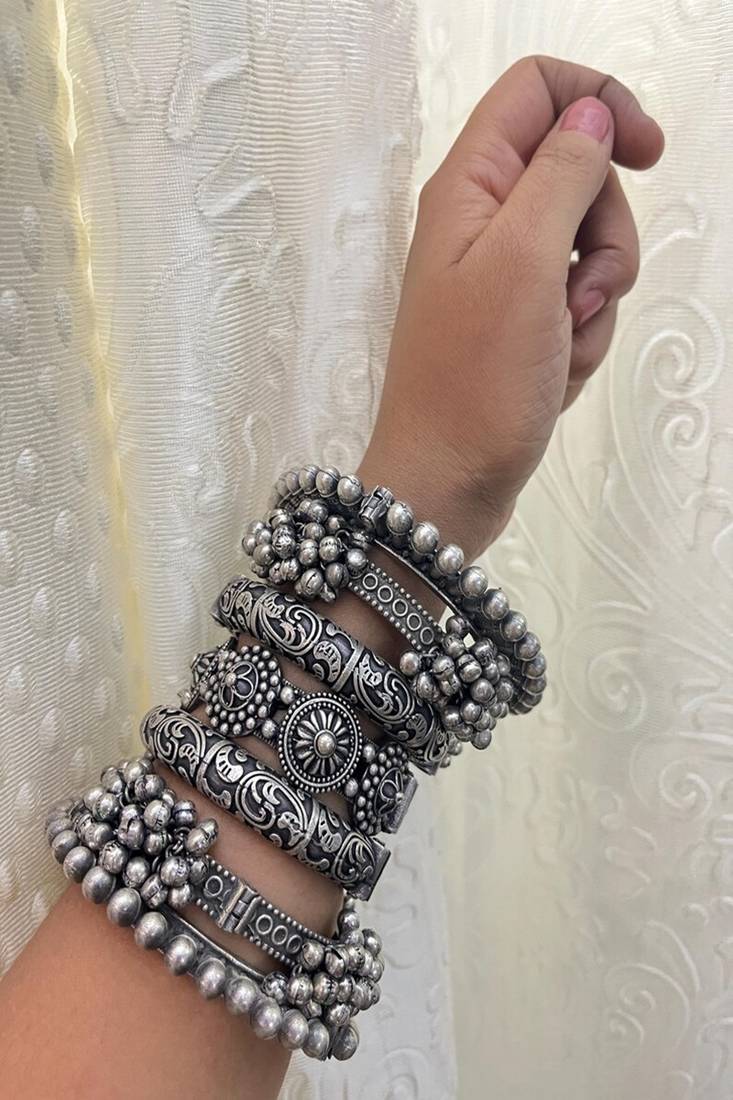 Boho oxidized silver bangle set of 7 | tribal chunky bracelet stack