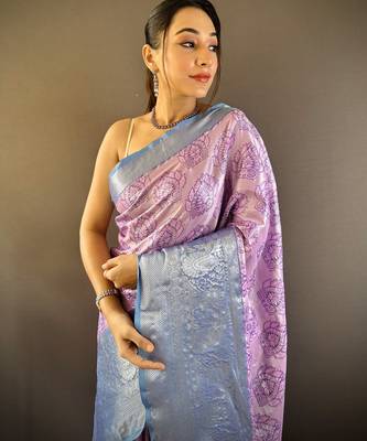 lilac tissue silk blend kanjeevaram zari woven saree with unstitched blouse piece. 1