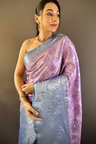 lilac tissue silk blend kanjeevaram zari woven saree with unstitched blouse piece.