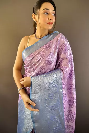 lilac tissue silk blend kanjeevaram zari woven saree with unstitched blouse piece.