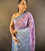 lilac tissue silk blend kanjeevaram zari woven saree with unstitched blouse piece.