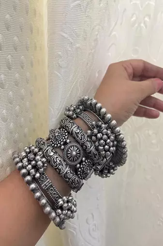 Boho oxidized silver bangle set of 7 | tribal chunky bracelet stack