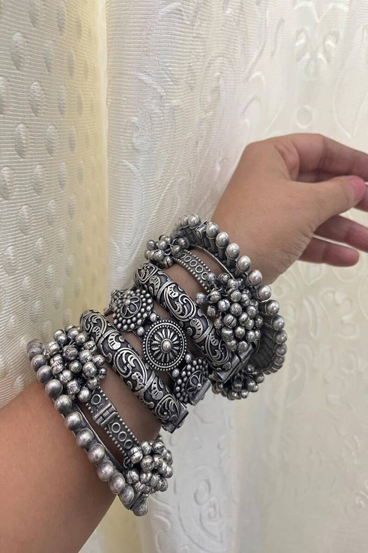 Boho oxidized silver bangle set of 7 | tribal chunky bracelet stack
