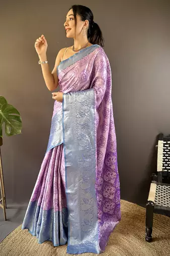 lilac tissue silk blend kanjeevaram zari woven saree with unstitched blouse piece.