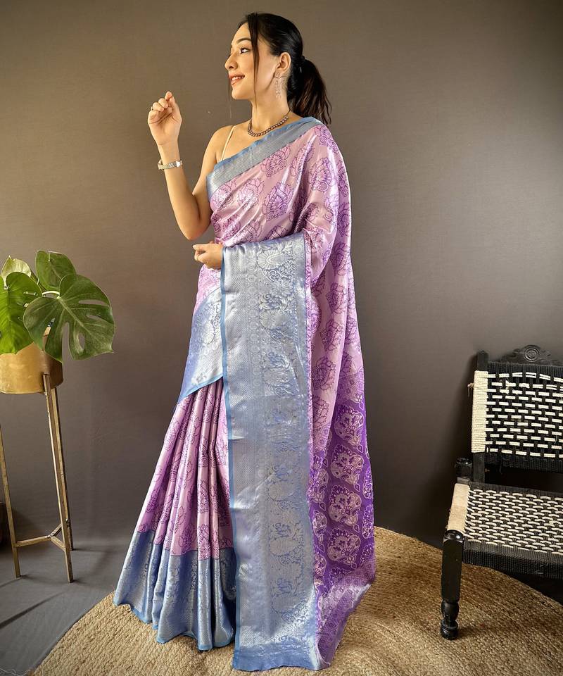 lilac tissue silk blend kanjeevaram zari woven saree with unstitched blouse piece.