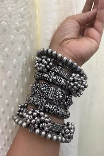 Boho oxidized silver bangle set of 7 | tribal chunky bracelet stack