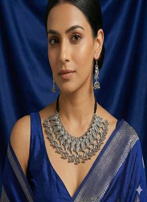 Oxidized peacock choker set: indian ghungroo, handmade tribal jewelry 1