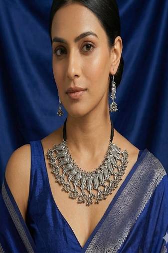 Oxidized peacock choker set: indian ghungroo, handmade tribal jewelry