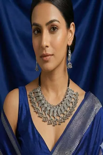 Oxidized peacock choker set: indian ghungroo, handmade tribal jewelry