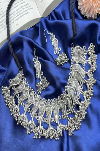 Oxidized peacock choker set: indian ghungroo, handmade tribal jewelry