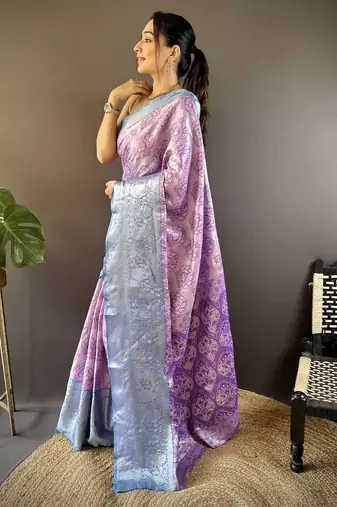 lilac tissue silk blend kanjeevaram zari woven saree with unstitched blouse piece.