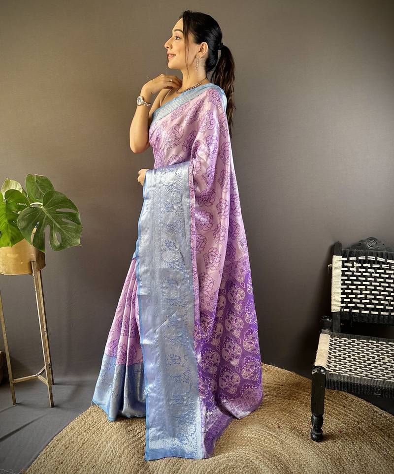 lilac tissue silk blend kanjeevaram zari woven saree with unstitched blouse piece.