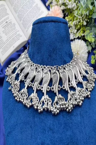 Oxidized peacock choker set: indian ghungroo, handmade tribal jewelry