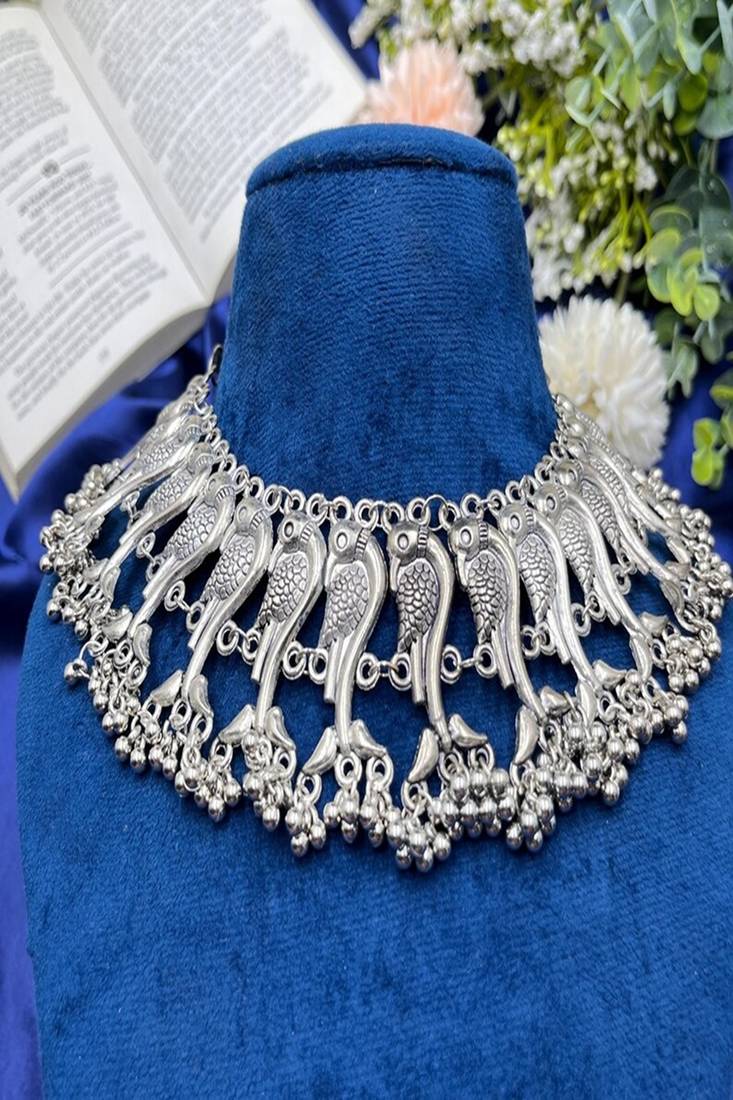 Oxidized peacock choker set: indian ghungroo, handmade tribal jewelry