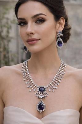 Sapphire blue bridal jewelry set | silver teardrop statement necklace & drop earrings 1