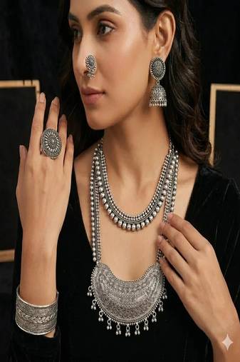 Boho oxidized silver jewelry set | tribal statement necklace, jhumka earrings, cuff bracelet & ring
