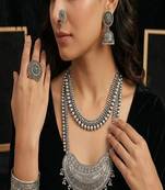Boho oxidized silver jewelry set | tribal statement necklace, jhumka earrings, cuff bracelet & ring