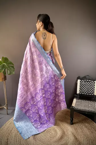 lilac tissue silk blend kanjeevaram zari woven saree with unstitched blouse piece.