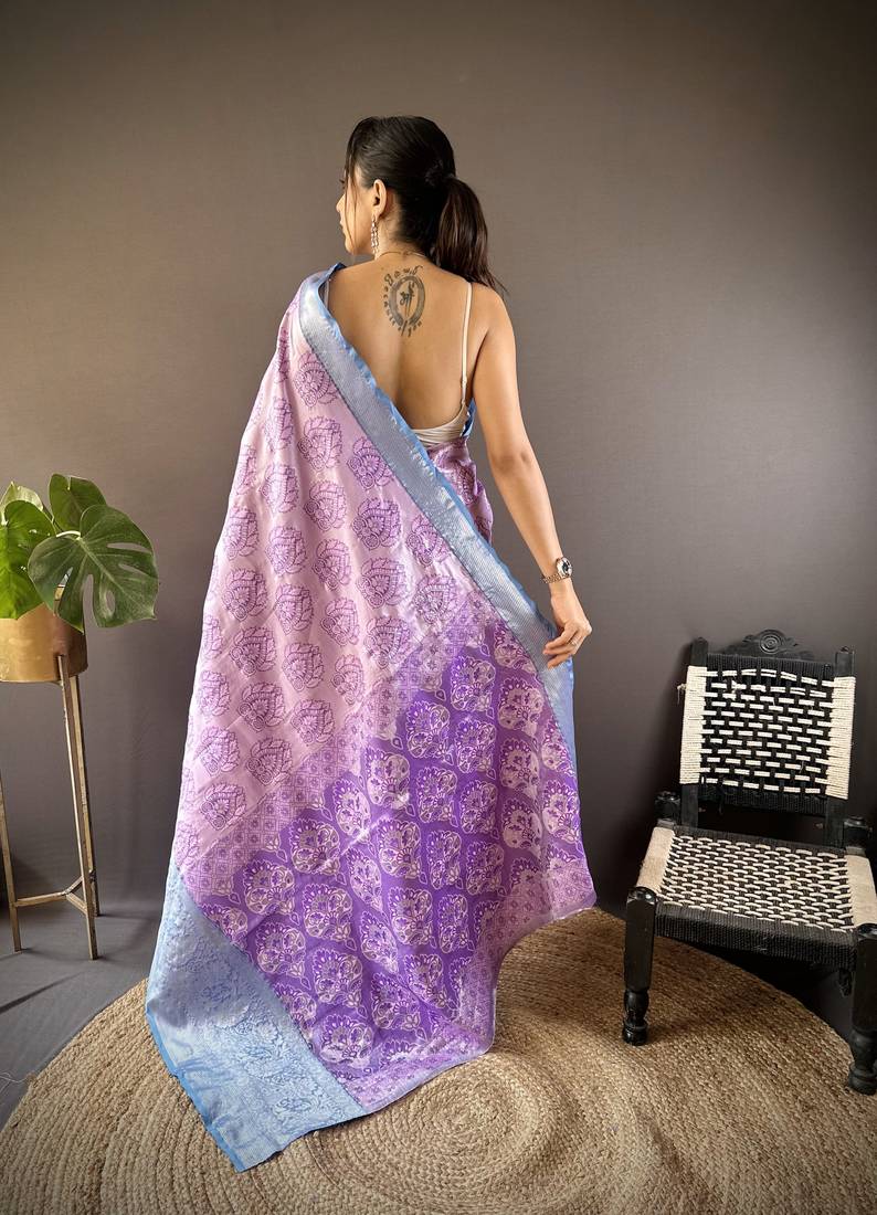 lilac tissue silk blend kanjeevaram zari woven saree with unstitched blouse piece.