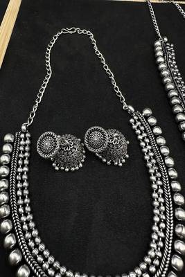 Boho oxidized silver jewelry set | tribal statement necklace, jhumka earrings, cuff bracelet & ring 2