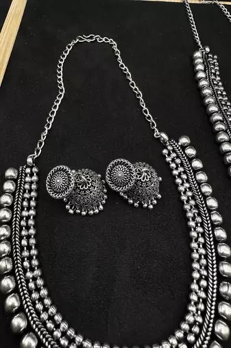 Boho oxidized silver jewelry set | tribal statement necklace, jhumka earrings, cuff bracelet & ring