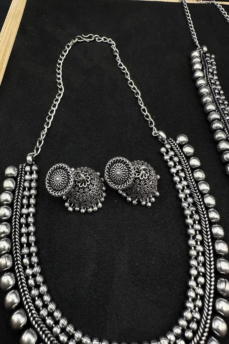 Boho oxidized silver jewelry set | tribal statement necklace, jhumka earrings, cuff bracelet & ring