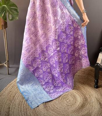 lilac tissue silk blend kanjeevaram zari woven saree with unstitched blouse piece. 5