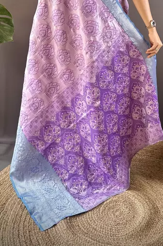 lilac tissue silk blend kanjeevaram zari woven saree with unstitched blouse piece.