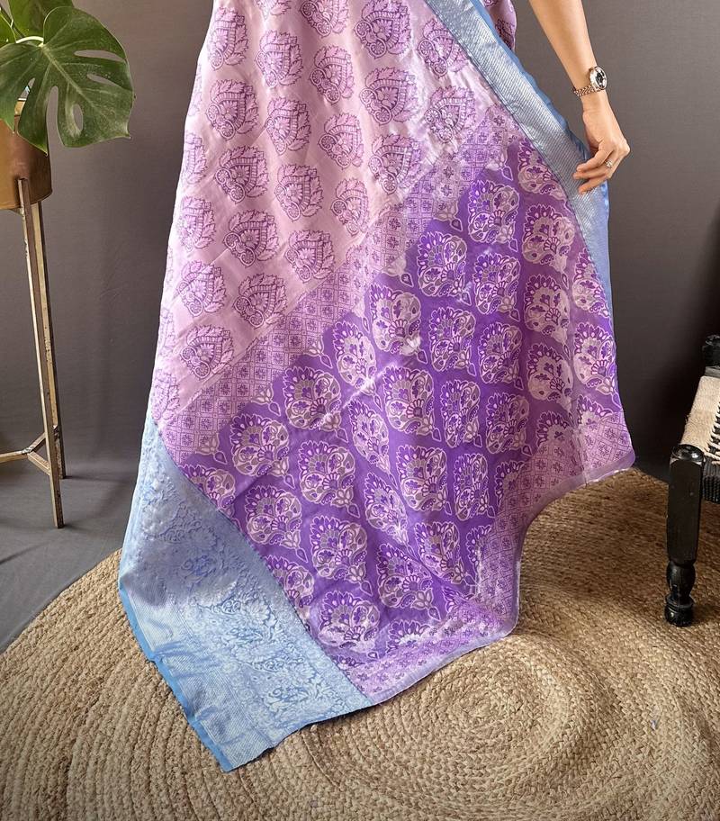 lilac tissue silk blend kanjeevaram zari woven saree with unstitched blouse piece.
