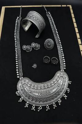 Boho oxidized silver jewelry set | tribal statement necklace, jhumka earrings, cuff bracelet & ring 4
