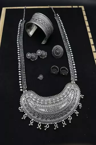 Boho oxidized silver jewelry set | tribal statement necklace, jhumka earrings, cuff bracelet & ring