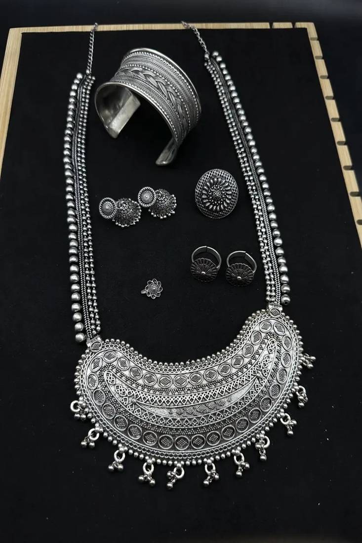 Boho oxidized silver jewelry set | tribal statement necklace, jhumka earrings, cuff bracelet & ring