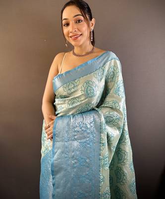 mint tissue silk blend kanjeevaram zari woven saree with unstitched blouse piece. 1