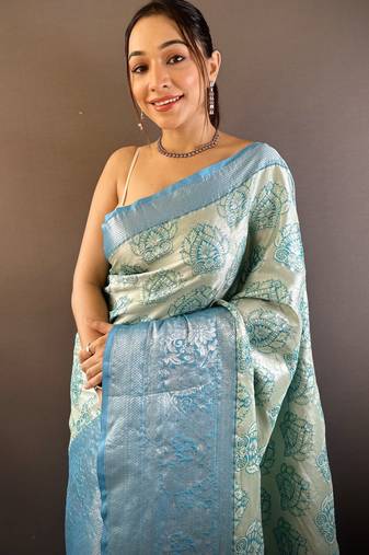 mint tissue silk blend kanjeevaram zari woven saree with unstitched blouse piece.