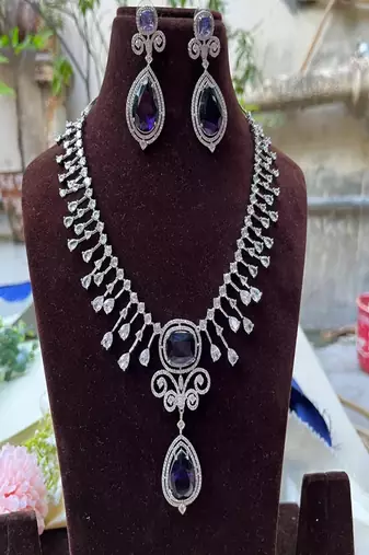 Sapphire blue bridal jewelry set | silver teardrop statement necklace & drop earrings