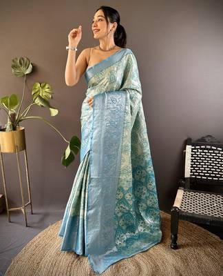 mint tissue silk blend kanjeevaram zari woven saree with unstitched blouse piece. 2