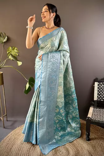 mint tissue silk blend kanjeevaram zari woven saree with unstitched blouse piece.