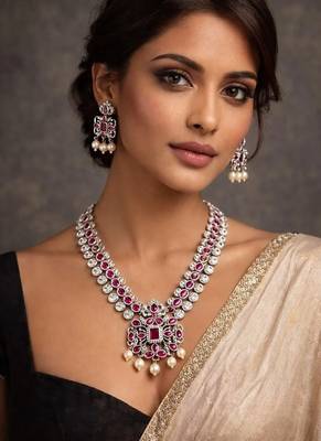 Handmade indian pearl necklace set: red stone antique party jewelry 1