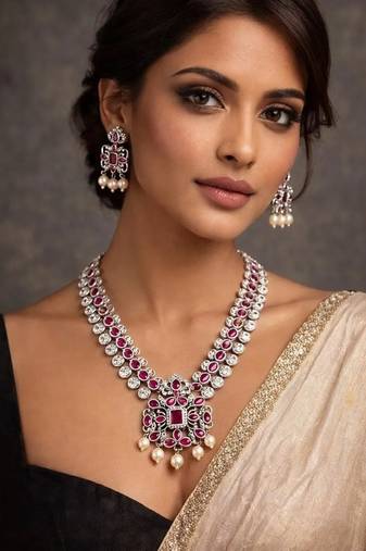 Handmade indian pearl necklace set: red stone antique party jewelry