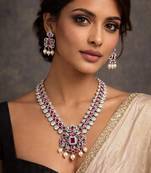 Handmade indian pearl necklace set: red stone antique party jewelry