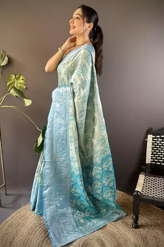 mint tissue silk blend kanjeevaram zari woven saree with unstitched blouse piece.