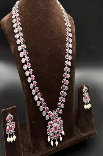 Handmade indian pearl necklace set: red stone antique party jewelry