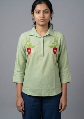 Light green floral embroidered short kurti 1